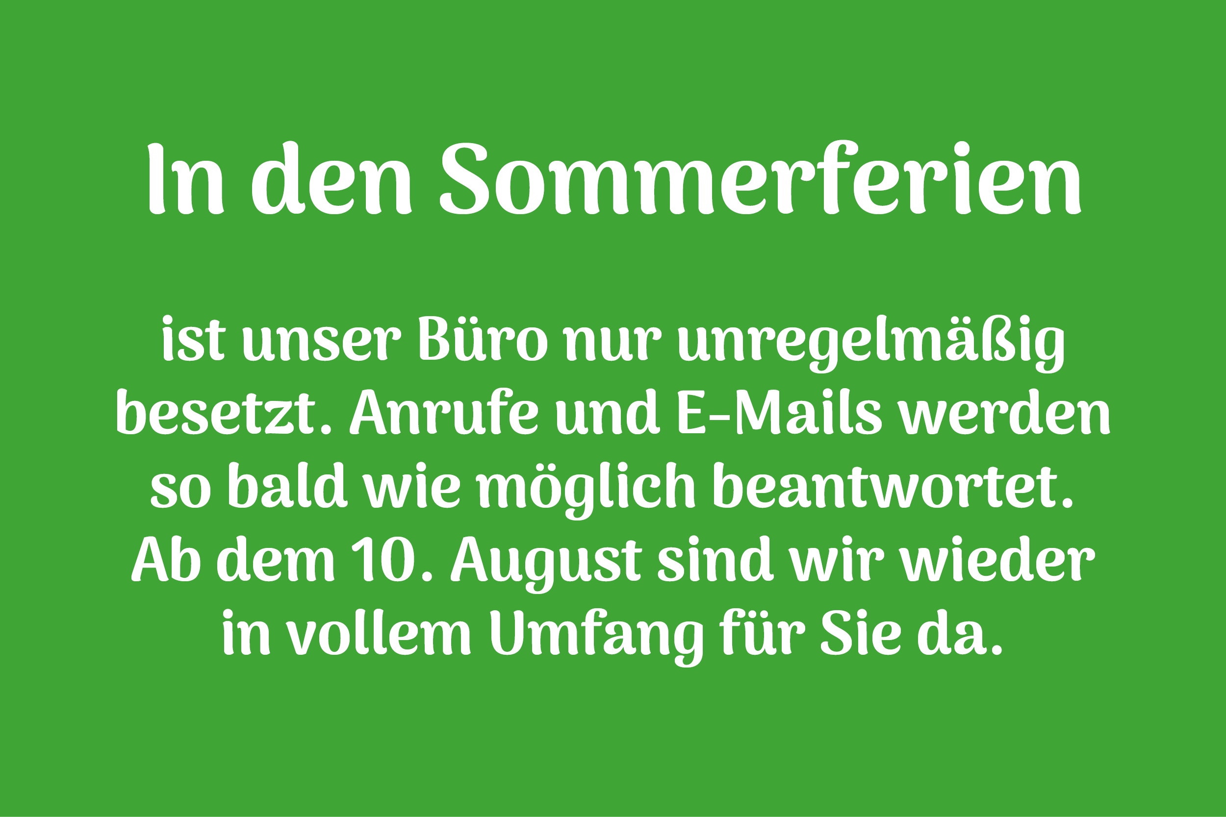 Wegen der Sommerferien ist das Musikschulbüro erst ab dem 10. August wieder vollumfänglich erreichbar.
